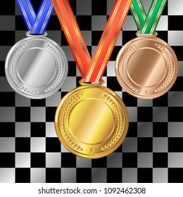 Vector realistic 3D medal illustration empty with multi-colored ribbons with gold border, templates for text, gold, silver and bronze award winner.