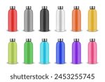 Vector Realistic 3D Metal Blank Glossy Reusable Water Bottle in Different Colors with Silver Bung Closeup Isolated on White Background. Design Template of Packaging Mockup. Front View