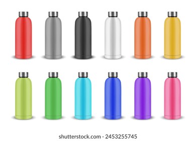 Vector Realistic 3D Metal Blank Glossy Reusable Water Bottle in Different Colors with Silver Bung Closeup Isolated on White Background. Design Template of Packaging Mockup. Front View