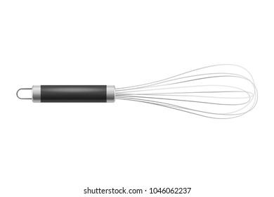 Vector realistic 3D metal wire steel whisk closeup isolated on white background. Cooking utensil, egg beater. Design template for graphics, mockup