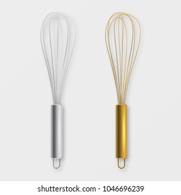 Vector realistic 3D metal wire steel whisk icon set - silver and gold - closeup isolated on white background. Cooking utensil, egg beater. Design template for graphics, mockup