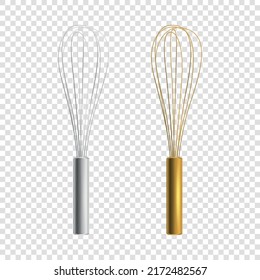 Vector Realistic 3D Metal Wire Whisk Icon Set Isolated. Cooking Utensil, Egg Beater, Culinary Air Whisk for Mixing and Whipping. Bakery Design Template