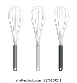 Vector Realistic 3D Metal Wire Steel Whisk with Grey, White, Black Handle Set Isolated. Cooking Utensil, Egg Beater, Culinary Air Whisk for Mixing and Whipping. Design Template, Mockup for Bakery