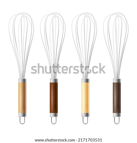 Vector Realistic 3D Metal and Wooden Wire Steel Whisk Icon Set Closeup Isolated. Cooking Utensil, Egg Beater, Culinary Air Whisk for Mixing and Whipping. Design Template, Mockup, Clipart for Bakery