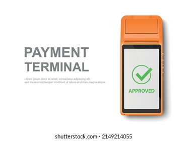 Vector Realistic 3d OrangeTouch Mobile Payment Machine. POS Terminal Closeup Isolated on White. Design Template of Bank Payment Wireless Contactless Terminal, Mockup. Payments device. Top View