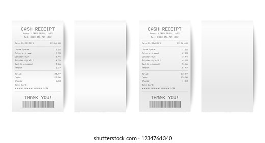 Vector Realistic 3d Paper Printed Sales Shop Receipt Set with Barcode Closeup Isolated on White Background. Design Template of Bill ATM, Receipt Records, Paper Financial Check for Mockup. Top View