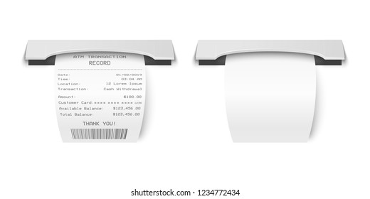 Vector Realistic 3d Paper Printed ATM Transaction Record Receipt Set Closeup Isolated on White Background. Design Template of Bill ATM, Receipt Records, Paper Financial Check for Mockup. Top View