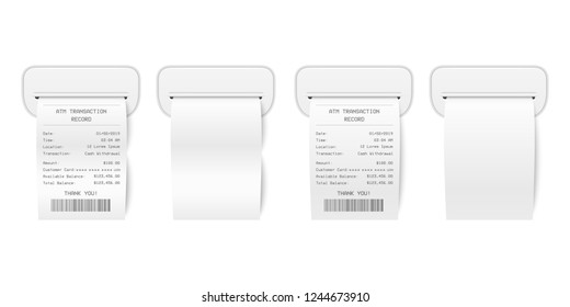 Vector Realistic 3d Paper Printed ATM Transaction Record Receipt with ATM Skimmer Set Closeup Isolated on White. Design Template of Bill ATM, Receipt Records, Financial Check for Mockup. Front View