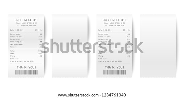 Vector Realistic 3d Paper Printed Sales Shop Receipt\
Set with Barcode Closeup Isolated on White Background. Design\
Template of Bill ATM, Receipt Records, Paper Financial Check for\
Mockup. Top View