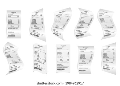 Vector realistic 3d paper store sales receipts printed close up isolated on white background. Banknote design template, receipt, paper financial check for mockup. View from above