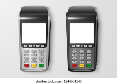 Vector Realistic 3d Payment Machine set. POS Terminal Closeup Isolated on Transparency Grid Background. Design Template of Bank Payment Terminal, Mockup. Processing NFC payments device. Top View