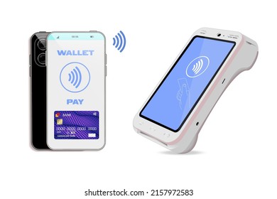Vector Realistic 3d Payment Wi-Fi Machine, Smarthone. POS Terminal, Phone, Credit Card Isolated on White. Design Template of Bank Payment Terminal, Telephone, Mockup. Payments Device. Top View