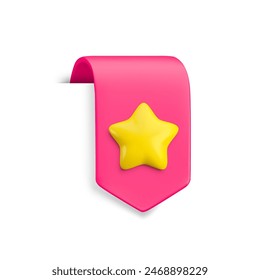 Vector Realistic 3d Pink Bookmark with gold star. Favorite icon design element, ribbon e-book sticker with shadow isolated on white. Cartoon 3d vertical ribbon tag, arrow tape, add to bookmarks sign.