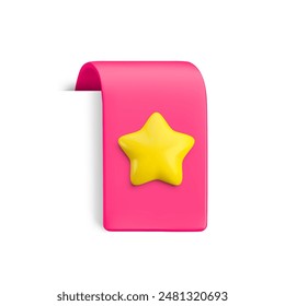 Vector Realistic 3d Pink Bookmark with gold star. Favorite icon design element, ribbon e-book sticker with shadow isolated on white. Cartoon 3d vertical ribbon tag, tape, add to bookmarks sign.