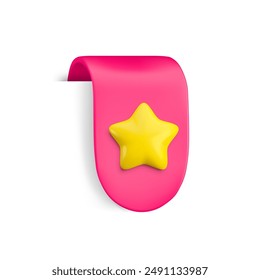 Vector Realistic 3d Pink Bookmark with gold star. Favorite icon design element, rounded ribbon e-book sticker with shadow isolated on white. Cartoon 3d vertical ribbon tag, add to bookmarks sign, tape