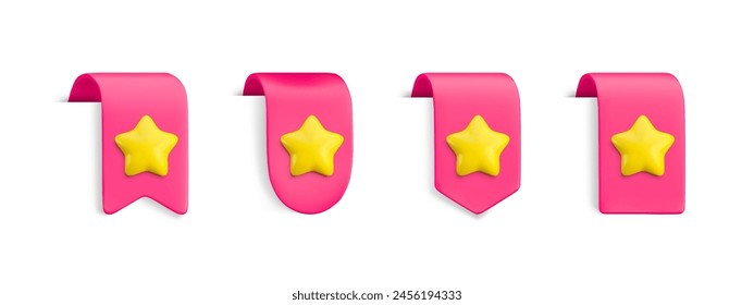 Vector Realistic 3d Pink Bookmarks set with star. Favorite icon design element, cute ribbons e-book sticker with shadow on white background. Cartoon 3d vertical ribbon tags, tape, add to bookmarks