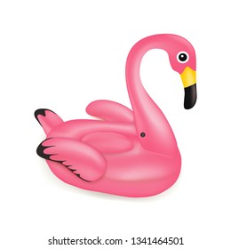 Vector realistic 3d pink Cartoon flamingo, tropical bird shape inflatable swimming pool ring, tube, float isolated. Summer vacation holiday rubber object, traveling, beach ocean. Swimming circle.