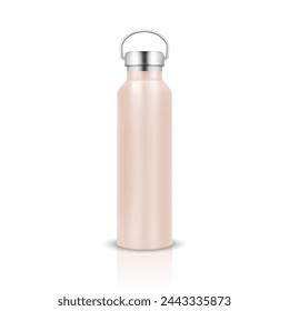 Vector Realistic 3d Pink Color Metal or Plastic Blank Glossy Reusable Water Bottle with Silver Bung Closeup Isolated on White Background. Design Template of Packaging Mockup. Front View