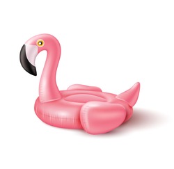 Vector Realistic 3d Pink Flamingo, Tropical Bird Shape Inflatable Swimming Pool Ring, Tube, Float. Summer Vacation Holiday Rubber Object, Traveling, Beach Ocean. Illustration Isolated White Background