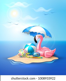 Vector realistic 3d pink flamingo inflatable swimming pool ring float umbrella ball diving mask snorkel. Summer vacation holiday traveling beach ocean Illustration sea island blue cloud sky background