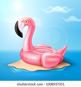 Vector realistic 3d pink flamingo shape inflatable swimming pool ring, tube, float. Summer vacation holiday, traveling, beach and ocean . Illustration on sea island blue cloud sky background