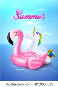 Vector realistic 3d pink flamingo, unicorn rainbow shape inflatable swimming pool ring, tube, float. Summer vacation holiday traveling beach ocean. Illustration on sea wave blue cloud sky background