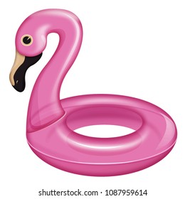 Vector realistic 3d pink flamingo, tropical bird shape inflatable swimming pool ring, tube, float. Summer vacation holiday rubber object, traveling, beach ocean. Illustration isolated white background