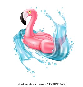 Vector Realistic 3d Pink Flamingo, Tropical Bird Shape Inflatable Swimming Pool Ring, Tube, Float In Water Splash. Summer Vacation Holiday Rubber Object, Traveling, Beach Illustration