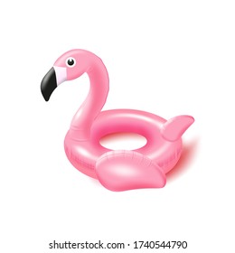 Vector realistic 3d pink flamingo Swim ring on white background. Inflatable rubber toy for  water and beach or trip safety.
 Vector illustration. 