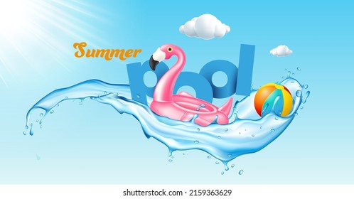 Vector realista 3d flamingo rosa, piscina, bola de playa, forma de ave tropical inflable vacaciones de verano, viajes, mar de playa Ilustración
