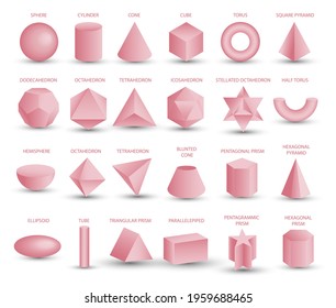 Vector Realistic 3D Pink Geometric Shapes Isolated On White Background. Maths Geometrical Figure Form, Realistic Shapes Model. Platon Solid. Icons, Logos For Education, Business, Design, Game.