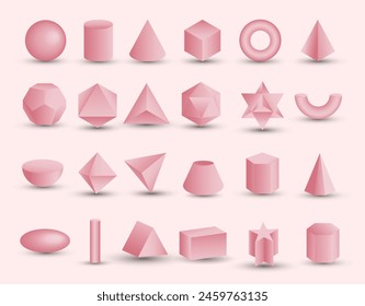 Vector realistic 3D pink geometric shapes isolated on background. Maths geometrical figure form, realistic shapes model. Platon solid. Geometric shapes icons for education, business, design.