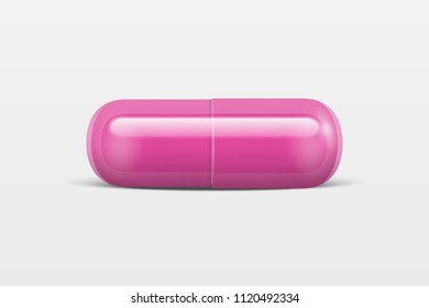 Vector realistic 3d pink medical pill icon isolated on white background. Design template for graphics, banners. Horizontal position