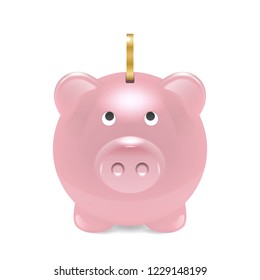 Vector Realistic 3d Pink Retro Piggy Bank Closeup Isolated on White Background. Design Template of Money Pig for Graphics, Banners. Money, Financial, Savings, New Year 2019 Concept. Front View