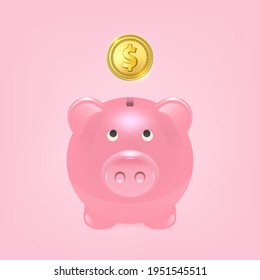 Vector Realistic 3d Pink Retro Piggy Bank Closeup Isolated on Pink Background. Design Template, Money Pig for Graphics, Banners with Golden Shiny Coin. Money, Financial, Savings Concept. Front View