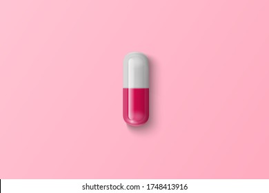 Vector Realistic 3d Pink, White Medical Pill Closeup Isolated on Pink Background. Design Template for Graphics, Banners. Female Health Concept. Women s Health Care, Vitamins and Supplements. Top View