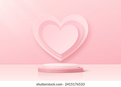 Vector realista 3d, peatón de podio de cilindro blanco y rosado con fondo de forma cardíaca en el fondo de la habitación rosa. Escena del día de San Valentín para exhibición de productos, promoción, publicidad.