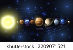 Vector realistic, 3d planets of the solar system on the background of the starry sky. Poster for schools, astronomy classes.