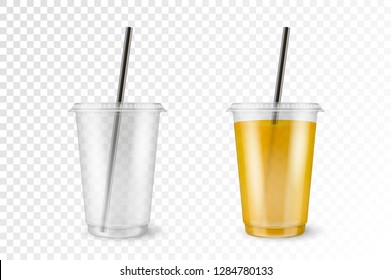 Vector Realistic 3d Plastic Disposable Transparent Cup with Pipe Icon Set Closeup Isolated. Mug of fruit organic shake, cocktail. Vegetarian healthy natural food. Design template of packaging mockup