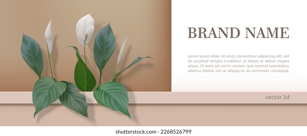 Vector realistic 3d podium with a bouquet of white flowers and leaves. Elegant modern floral brown and beige background product display for ad perfume, jewellery and cosmetic products. Front view.