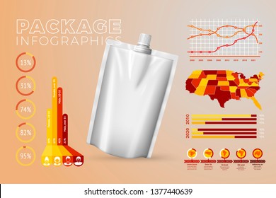 Vector realistic 3d pouch pack with business infographics, icons and charts isolated on bright background.