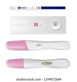 Vector realistic 3d pregnancy test with positive result set icon closeup isolated on white background. Different types of pregnant tests. Planning a baby, motherhood and healthcare concept. Top view