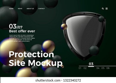 Vector realistic 3d protection site template with shield on dark modern site with typographic background. Mock-up for product package branding.