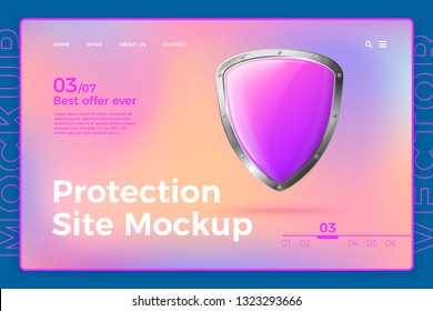 Vector realistic 3d protection site template with shield on bright modern site with typographic background. Mock-up for product package branding.
