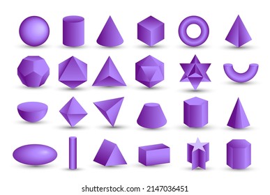 Vector Realistic 3D Purple Geometric Shapes Isolated On White Background. Maths Geometrical Figure Form, Realistic Shapes Model. Platon Solid. Geometric Shapes Icons For Education, Business, Design.