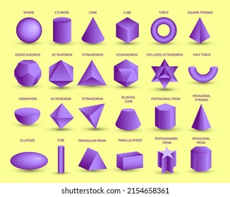 Vector realistic 3D purple geometric shapes isolated on yellow background. Maths geometrical figure form, realistic shapes model. Platon solid. Geometric shapes icons for education, business, design.