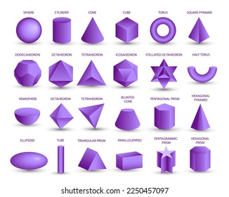 Vector realistic 3D purple geometric shapes isolated on white background. Maths geometrical figure form, realistic shapes model. Platon solid. Geometric shapes icons for education, business, design.