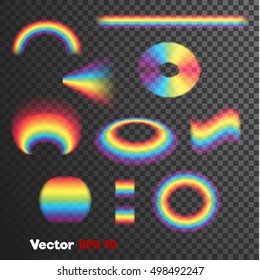 Vector realistic 3d rainbow shaped form. Circle, stripe, curve  beam. Weather state, nature phenomenon objects on dark background Web design, decoration element. Banner, print, poster objects