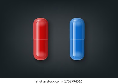 Vector Realistic 3d Red, Blue Medical Pill Closeup Isolated on Black Background. Design Template. Female Health Concept. Concept of Choice. Women s Health Care, Vitamins and Supplements. Top View