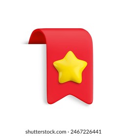 Vector Realistic 3d Red Bookmark with gold star. Favorite icon design element, cute ribbon e-book sticker with shadow isolated on white. Cartoon 3d vertical ribbon tag, tape, add to bookmarks sign